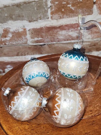 Vintage Shiny Brite Set of 4 Glass Ornaments with Same Design with Silver Stripes and Mica Accents. 2 Matching Gold and 2 Matching Blue sb6