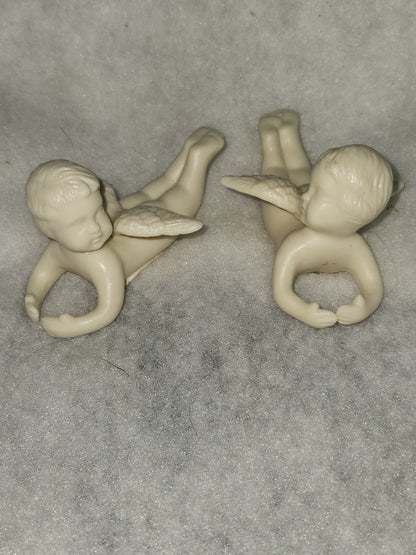 Vintage flying Cherubs Angels Fine Bisque Porcelain Candle Huggers China an69