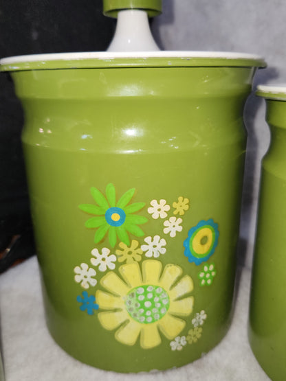 Vintage Kromex Floral Metal Canister Set 4 Avocado green. Can78