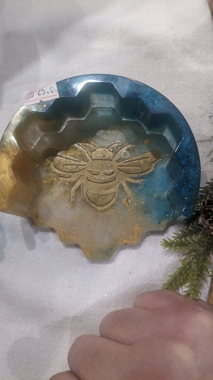 Coaster Set turquoise and gold honeycomb and Bee