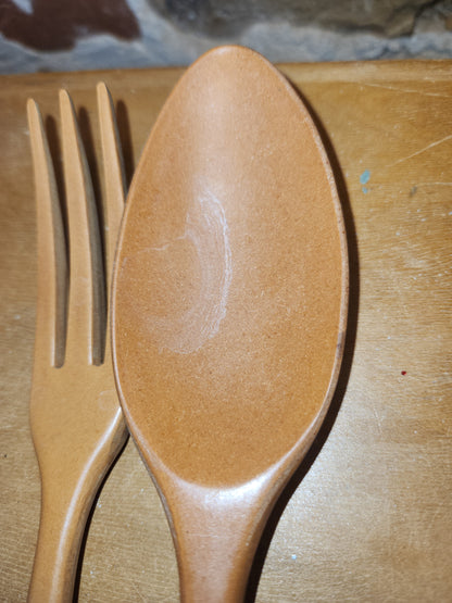 Vintage Fllingers Agatized Wood Salad Fork And Spoon Set Sheboygan Wisconsin kit56