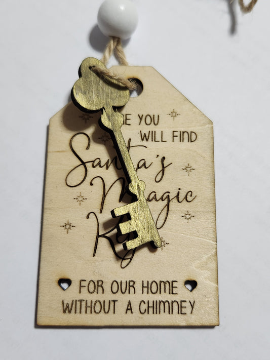 Ornament or car charm.  Santa's magic key for our home without a chimney.  Silver or gold colored key