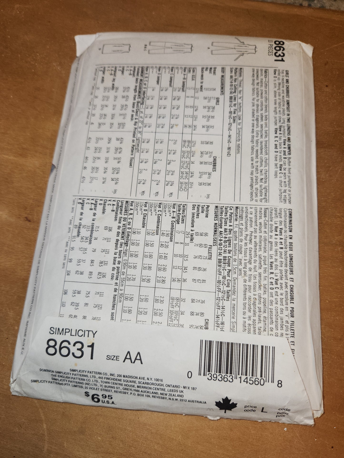 Vintage Simplicity 8631 Size AA 7-14 Girls' Jumpsuit Jumper Sewing Pattern Uncut sp2