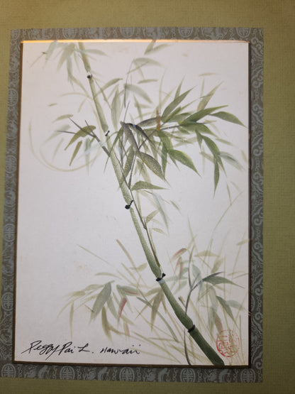 Vintage Peggy Pai Laughlin Framed Mixed Medium Painting A Hawaii Bamboo Dedicated by Artist 9 x 12 Frame