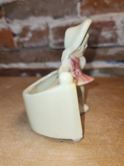 Vintage Pottery Planter Little Girl in Pink by a Fence Likely Shawnee Potter AS IS pl12