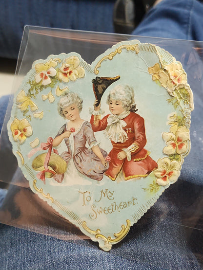 Antique Die Cut Valentine Card 1902 Heart Shape Victorian Couple To My Sweetheart