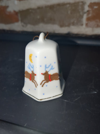 vintage Lillian Vernon Porcelain Bell 1986 Santa Sleigh Reindeer 2" Christmas Ornament bell56