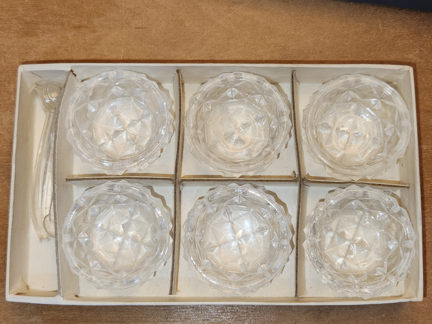 Vintage Pressed Glass Salt Cellars with Plastic Spoons Set of 6 in Original Box Made In Japan ss9