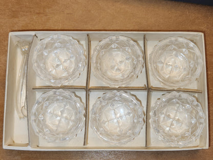 Vintage Pressed Glass Salt Cellars with Plastic Spoons Set of 6 in Original Box Made In Japan ss9
