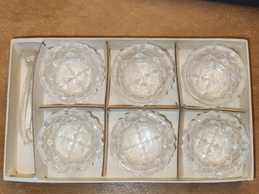 Vintage Pressed Glass Salt Cellars with Plastic Spoons Set of 6 in Original Box Made In Japan ss9