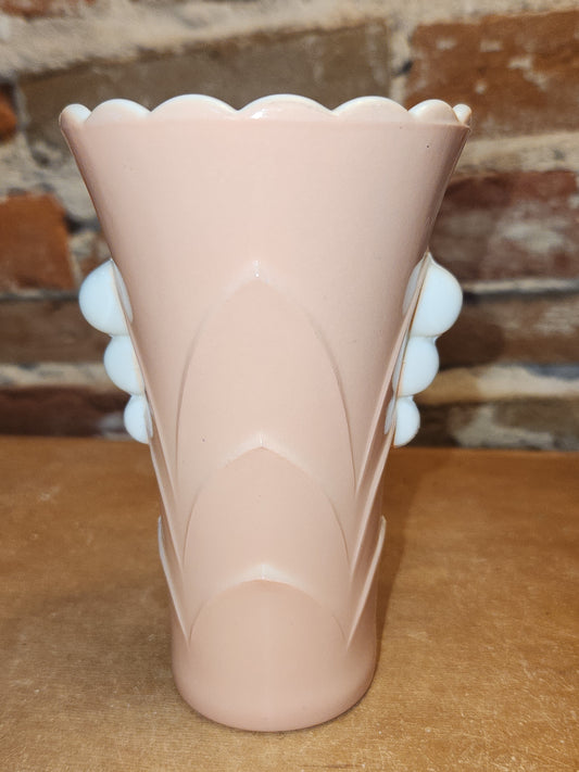 Vintage Vitrock Uranium Glass Vase Peach and White Scalloped Edges Beaded Handles Art Deco Vase GLOWS GREEN gl90