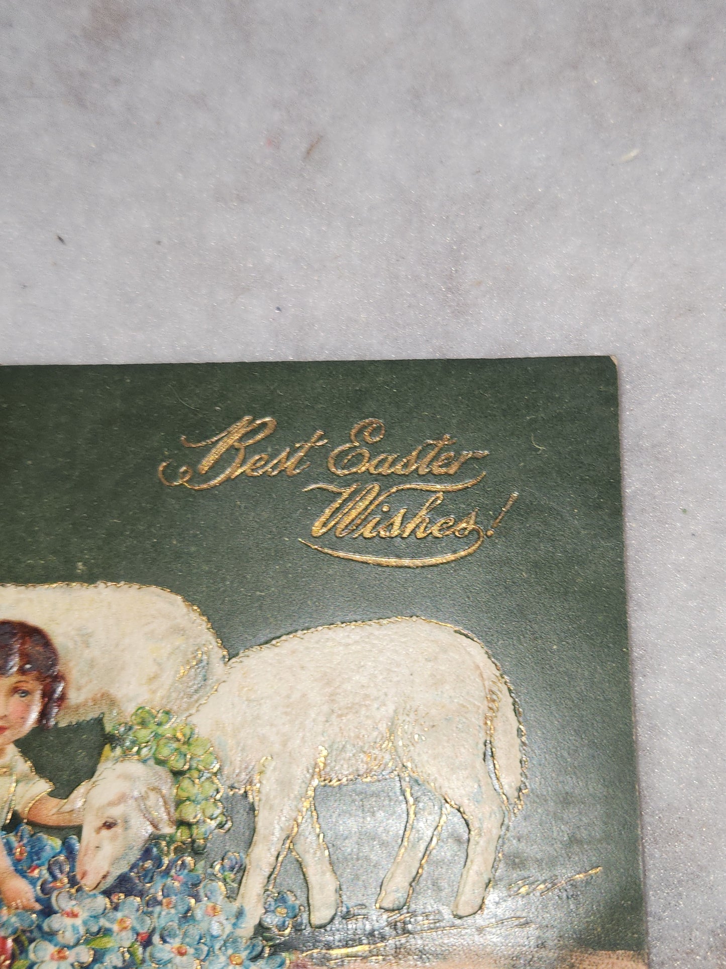 Vintage Embossed Easter Postcard Children Lamb Flower Best Easter Wishes Made in Germany pc12