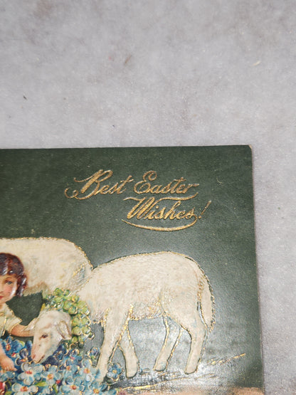 Vintage Embossed Easter Postcard Children Lamb Flower Best Easter Wishes Made in Germany pc12