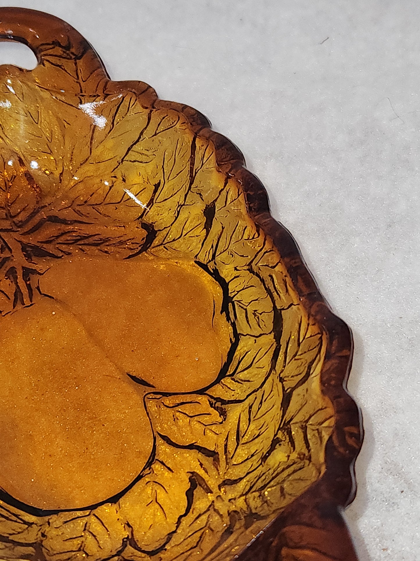 Vintage Oblong Amber Glass Pear & Leaves Serving Dish