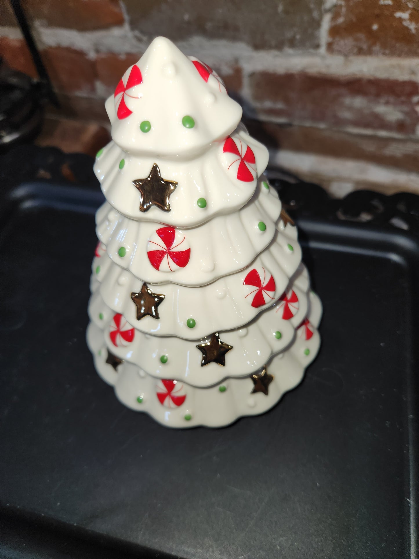 New in Box Lenox Holiday Tree Treat Jar Peppermint And Stars 7" len58