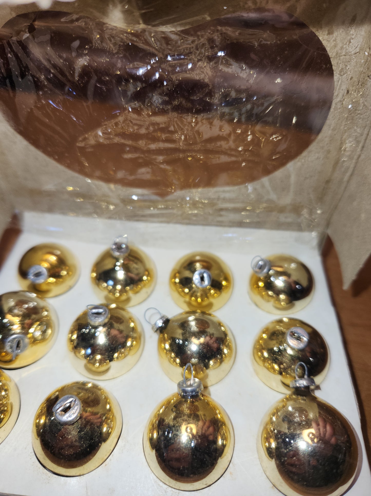 Box of Shiny Brite gold ornaments .98" 1" 25mm box of 12 bO03 box as is