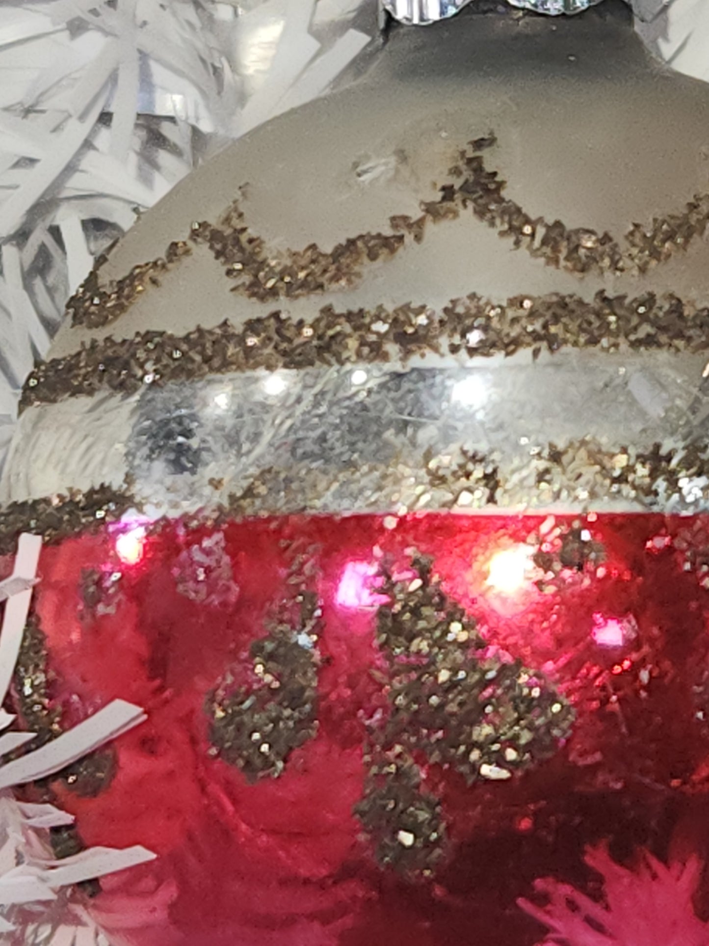 Vintage Mercury Glass Christmas Ornament Silver Pink and Black Mica Scroll GLOWS vo15