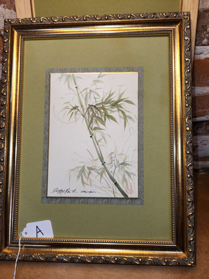Vintage Peggy Pai Laughlin Framed Mixed Medium Painting A Hawaii Bamboo Dedicated by Artist 9 x 12 Frame