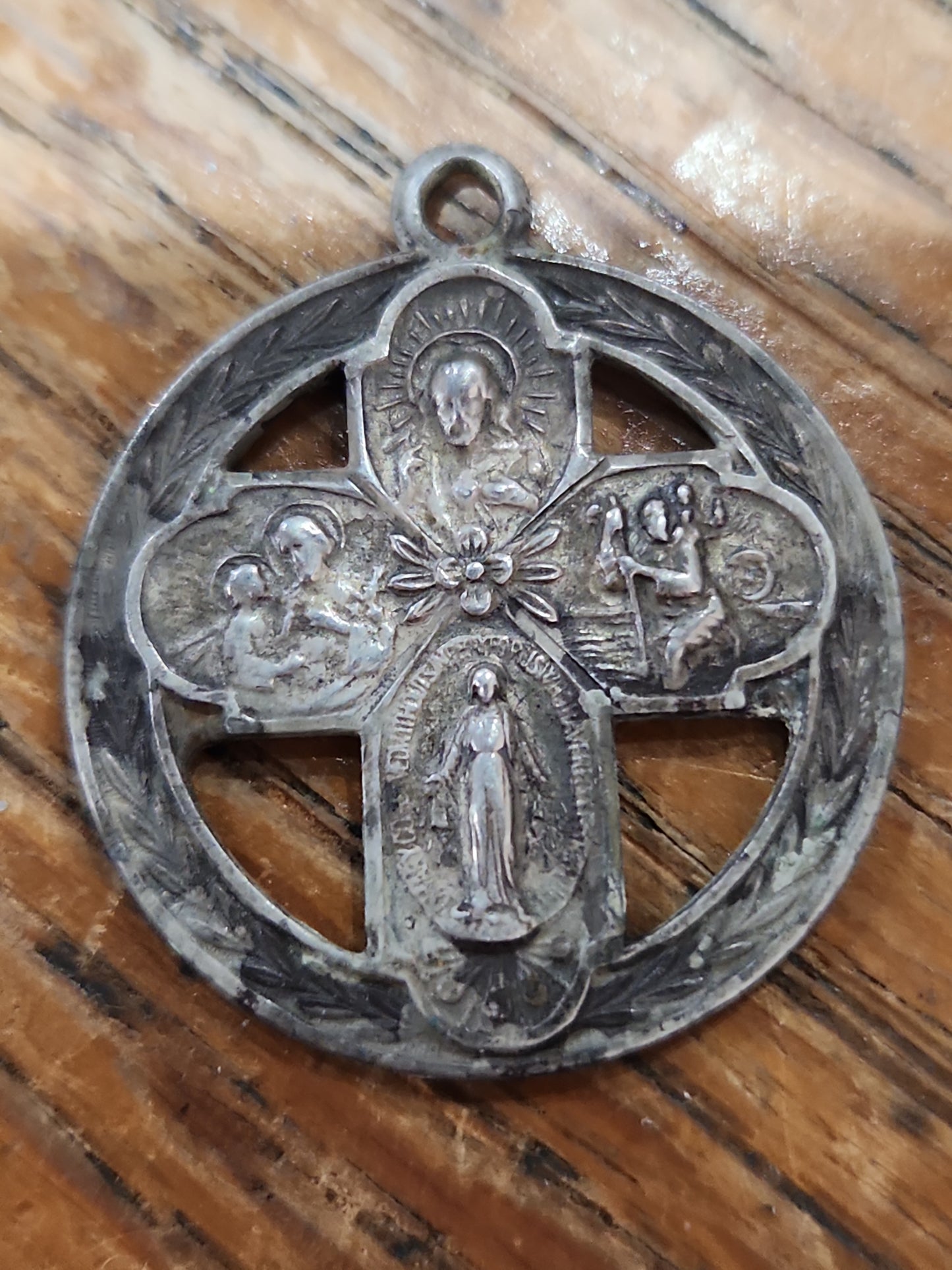 Vintage Sterling Silver Catholic 4 Way Cross Mary Jesus Medal Pendant cm71