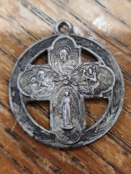 Vintage Sterling Silver Catholic 4 Way Cross Mary Jesus Medal Pendant cm71
