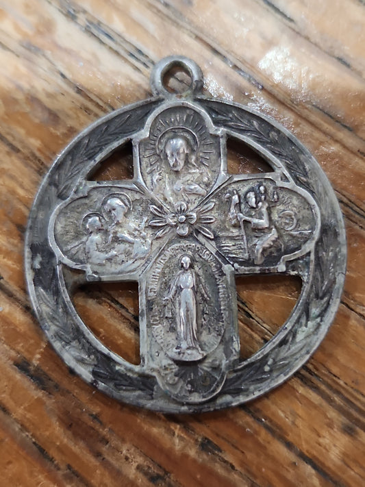 Vintage Sterling Silver Catholic 4 Way Cross Mary Jesus Medal Pendant cm71