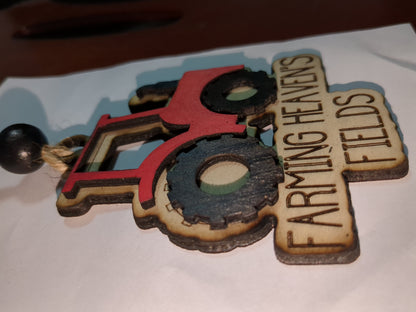 Ornament or car charm memorial red tractor "Farming Heaven's Fields"