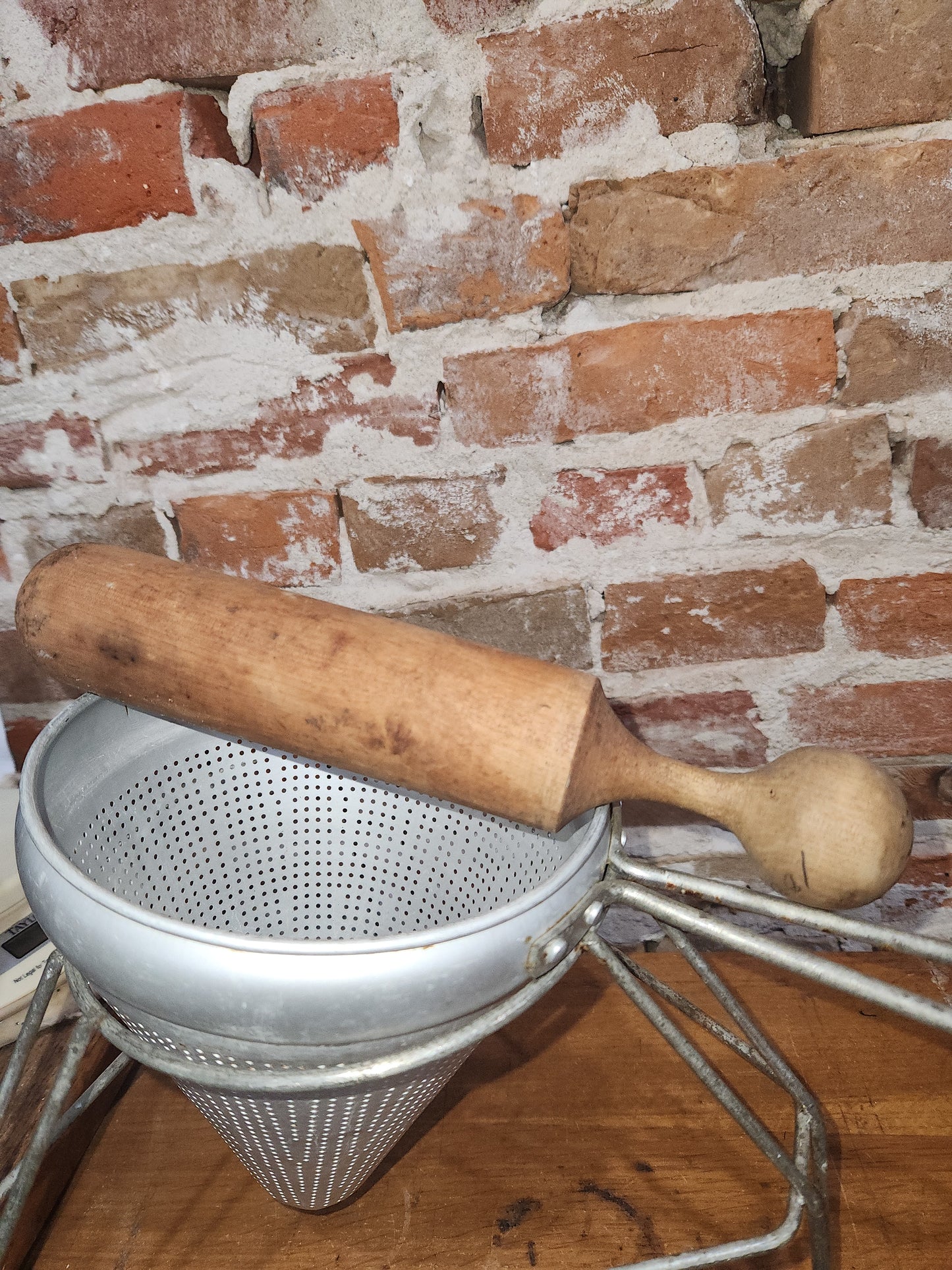 Vintage Cone Sieve Colander Strainer with Stand with Wood Pestle ki334