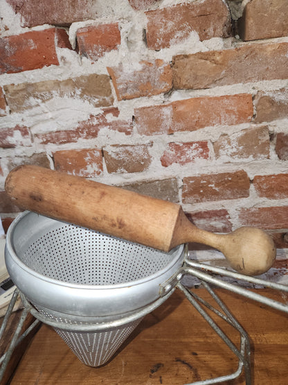 Vintage Cone Sieve Colander Strainer with Stand with Wood Pestle ki334