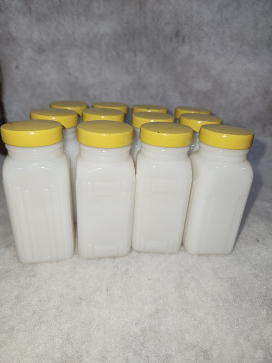 Vintage Milk Glass Spice jars Set Of 12 yellow lids mg78