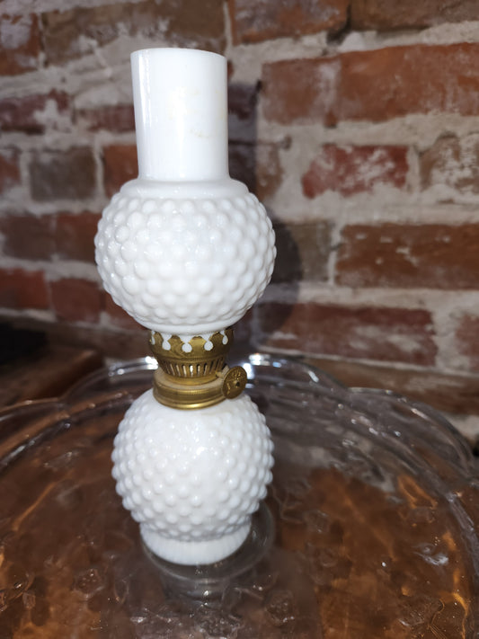 Fenton White Milk Glass Hobnail Minature Kerosene Lamp lamp1