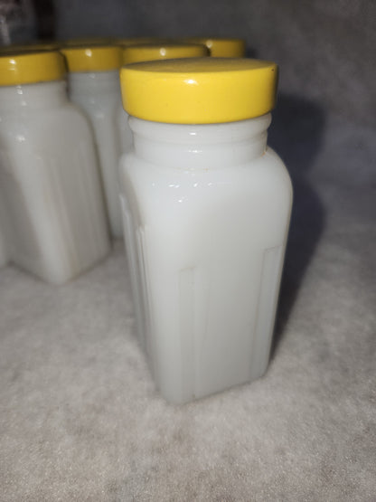Vintage Milk Glass Spice jars Set Of 12 yellow lids mg78