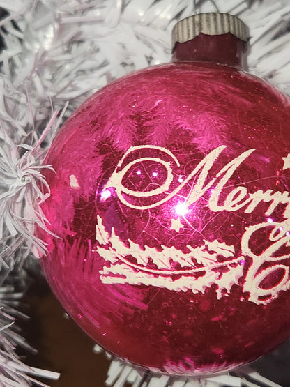 Vintage Shiny Brite Stenciled Merry Christmas Hot Pink Glass Ornament vo21