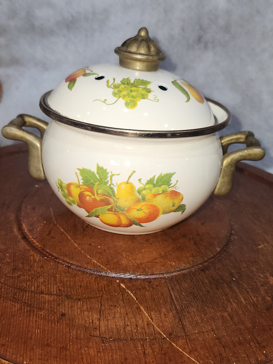 Claire Burke Enamel Potpourri Pot Brass Handles Fruit Designs pop8