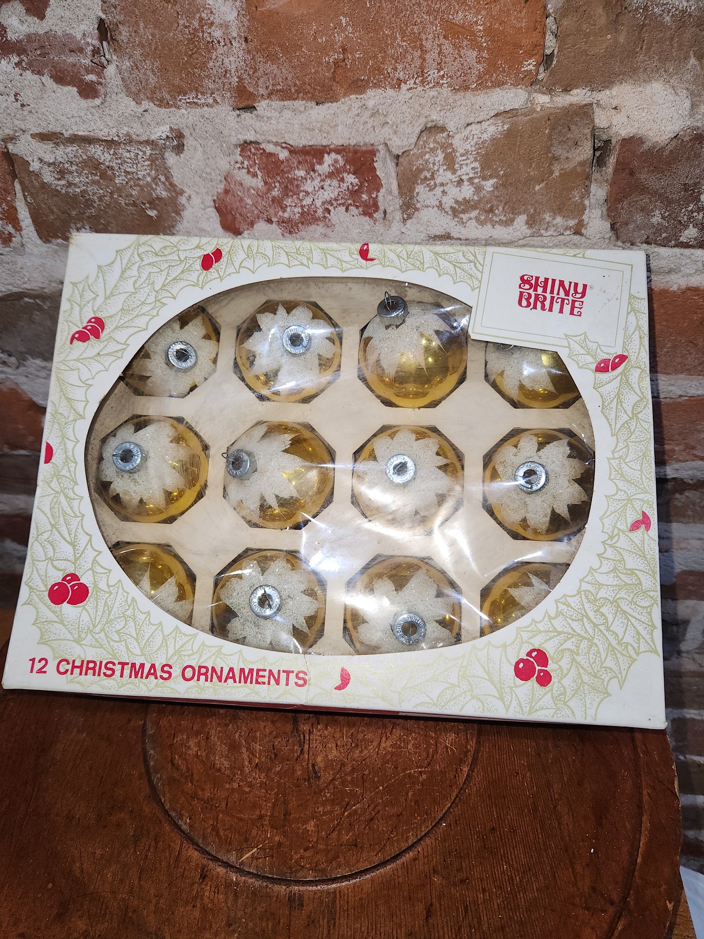 Vintage Shiny Brite 12 2 1/4" Glass Ornaments Gold Snow Capped With Mica bo191