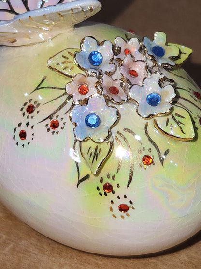 Vintage Porcelain Egg with 3D Butterfly, Flowers and Leaves Gold Accents. Eg6