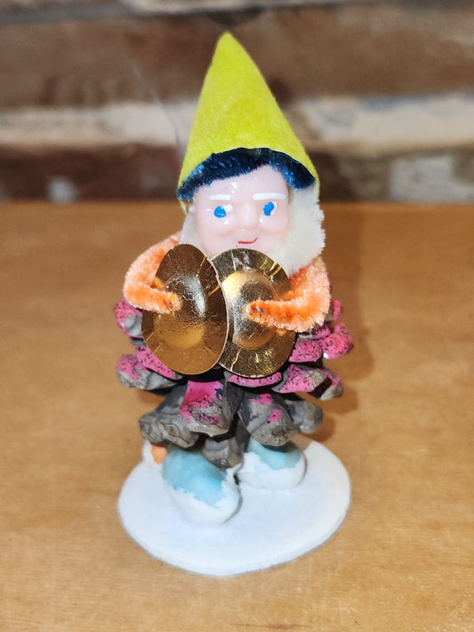Vintage Pinecone Elf Gnome Dwarf Ornament in Band Playing Cymbals Chenille Plastic Face Mica Japan