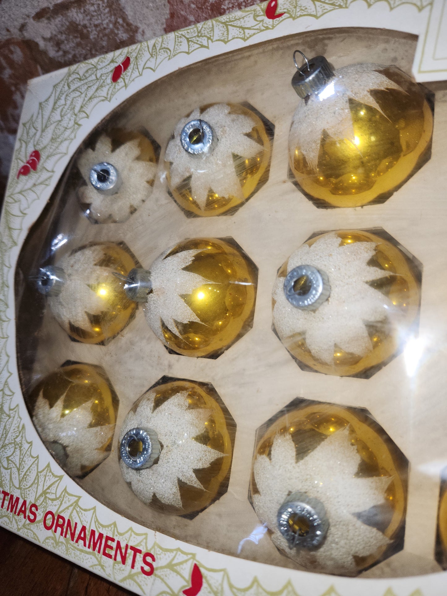 Vintage Shiny Brite 12 2 1/4" Glass Ornaments Gold Snow Capped With Mica bo191