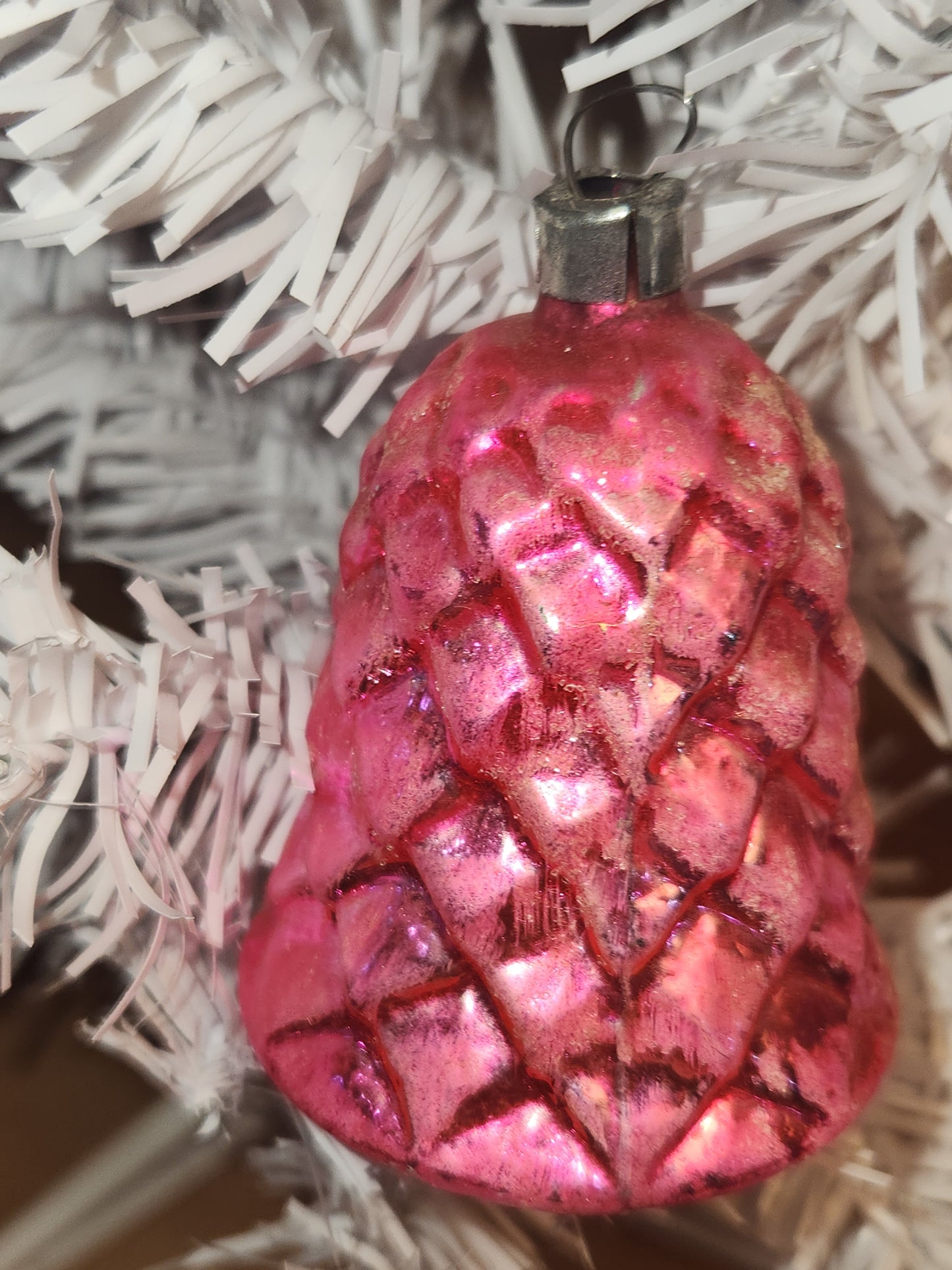 Vintage Antique Pinecone Hot Pink Bell Christmas Ornament Germany GLOWS vo2