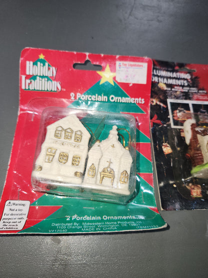 Vintage Holiday Traditions Porcelain House Christmas Ornaments set of 2 NIP and 1 NIP