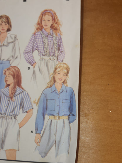 Simplicity Sewing Pattern #8628 Girls Button Front Shirt Size 7-10 UNCUT 1993 sp1