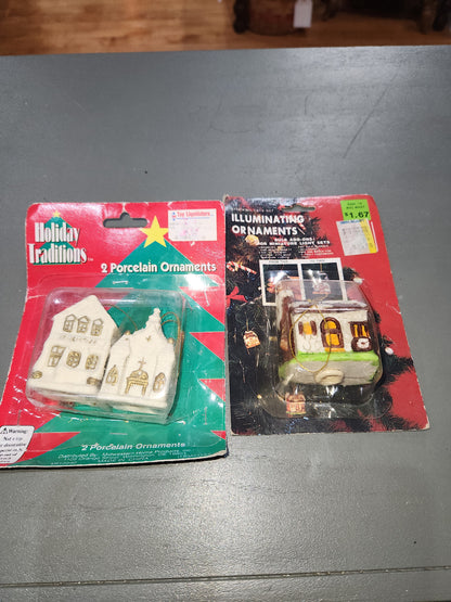 Vintage Holiday Traditions Porcelain House Christmas Ornaments set of 2 NIP and 1 NIP