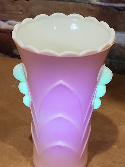 Vintage Vitrock Uranium Glass Vase Peach and White Scalloped Edges Beaded Handles Art Deco Vase GLOWS GREEN gl90