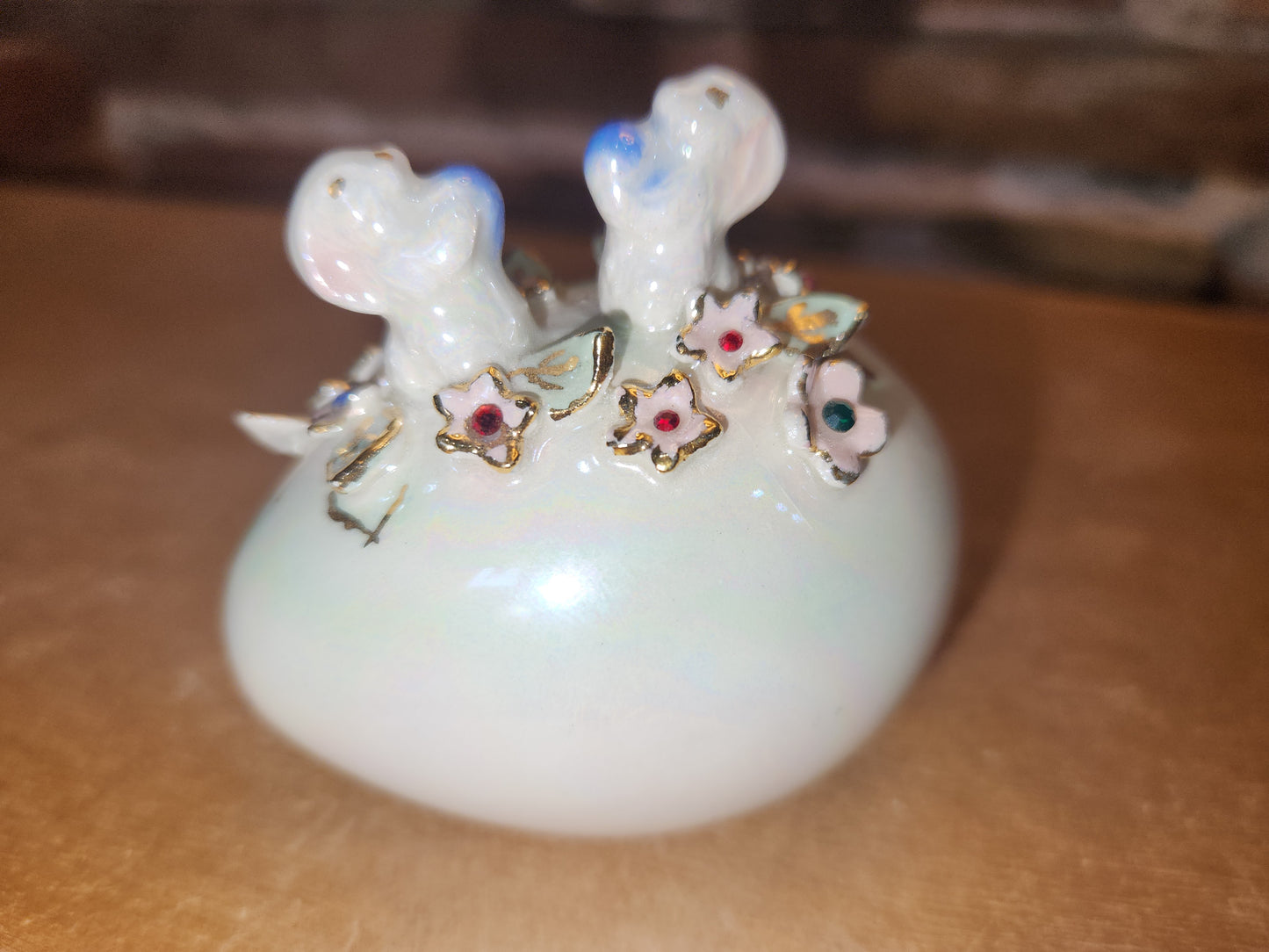 Vintage Porcelain Egg with 3D Bunnies, Flowers Leaves Eggs Gold Accents. Eg7