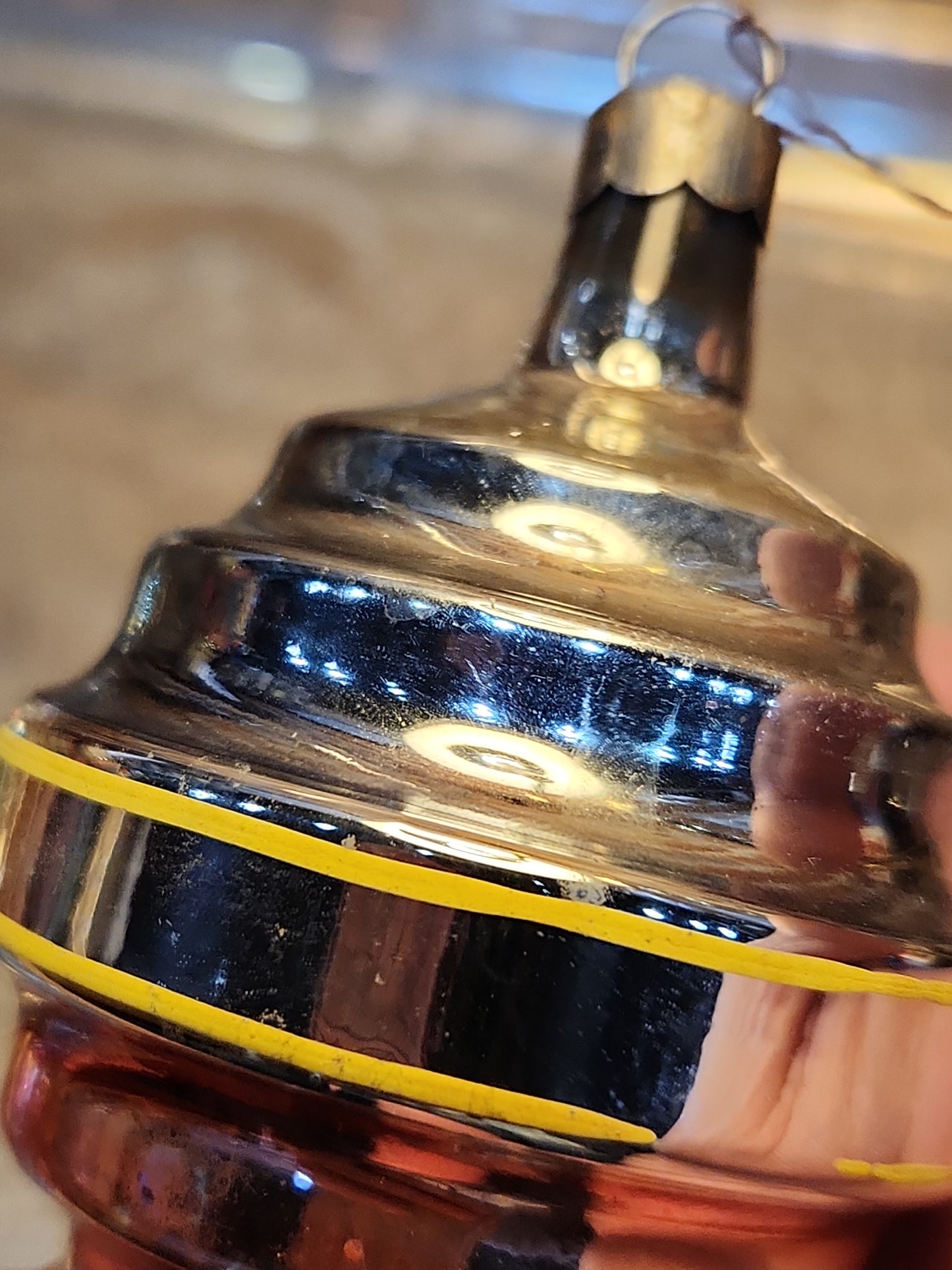 Vintage Glass Wine Keg or Satellite Flat-Bottom Ornament Blue, Yellow, Pink Likely Shiny Brite Made In USofA AS IS O3