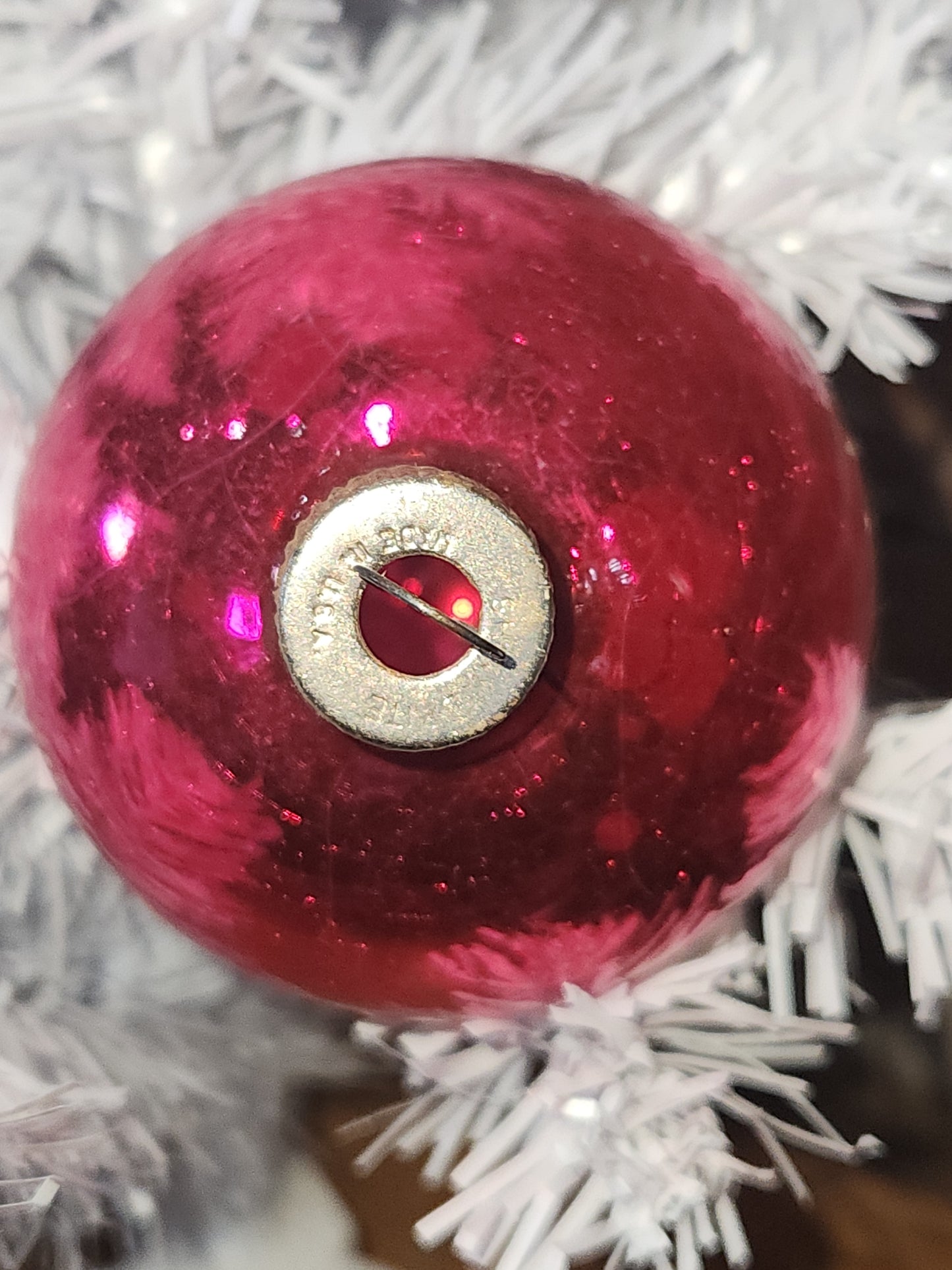 Vintage Shiny Brite Hot Pink Stenciled Church Glass Ornament GLOWS vo17