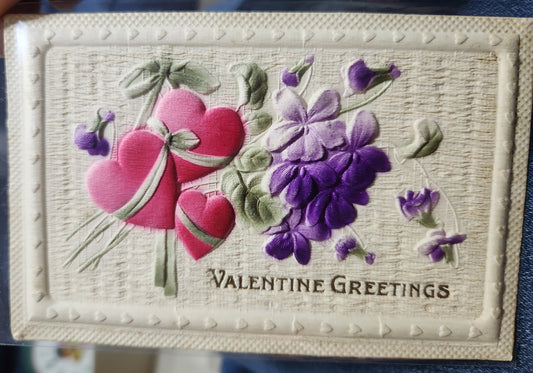 Antique Valentine post card  Valentine Greeting Embossed Hearts and Violets