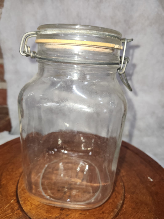 Vintage Italy Per Alimenti 2L glass square canister wire bale jar87