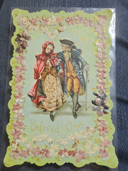 Antique Valentines Postcard Embossed Beloved Victorian couple Embossed flowers poem