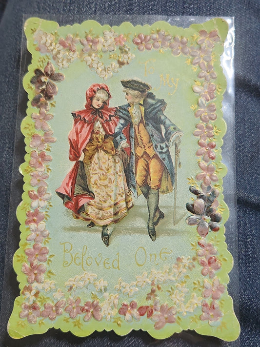 Antique Valentines Postcard Embossed Beloved Victorian couple Embossed flowers poem
