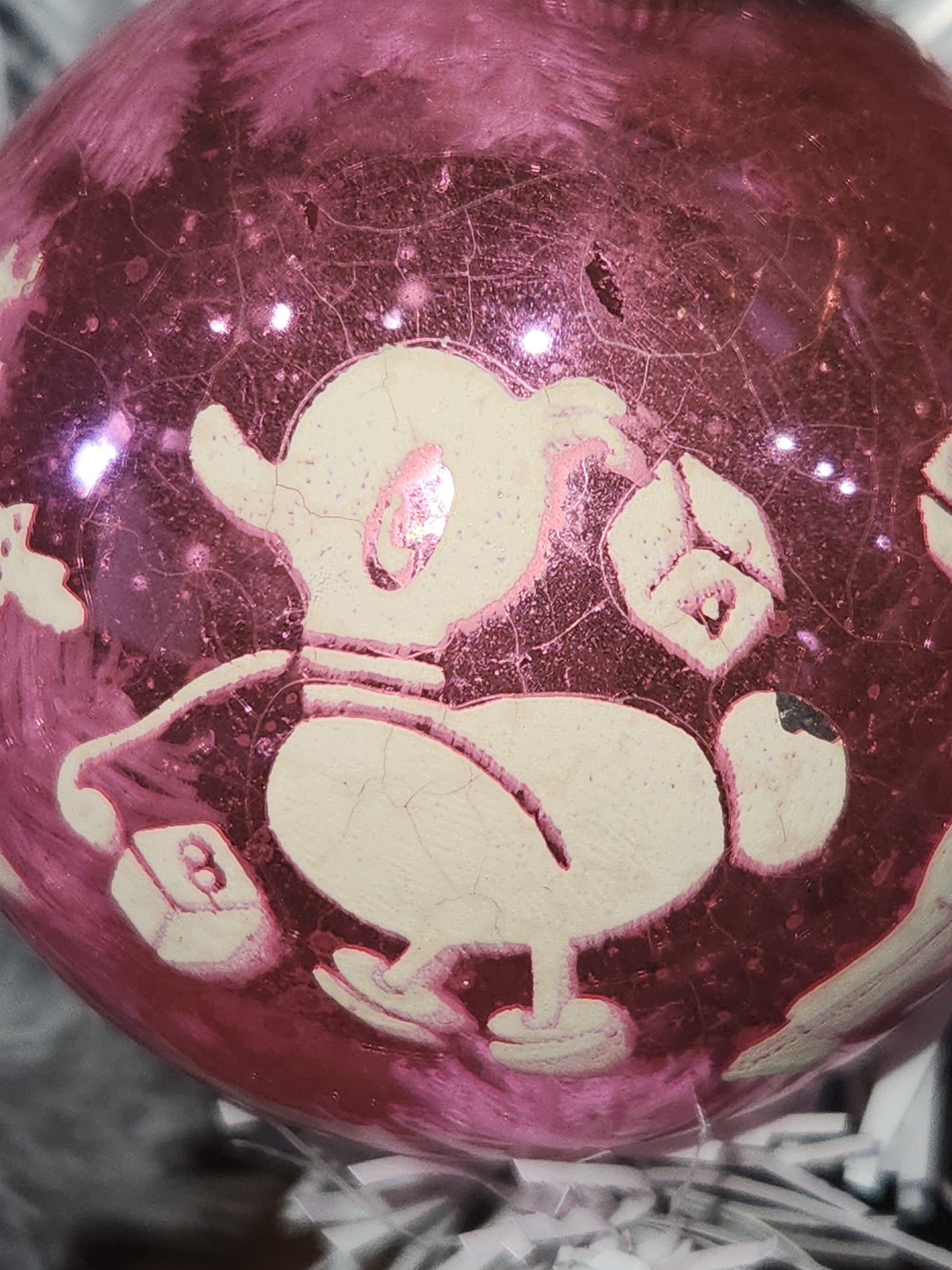 Vintage Shiny Brite Pink Christmas Ornament Stenciled Toy Bear Duck Toy Horse Clown Sailboat GLOWS vo26